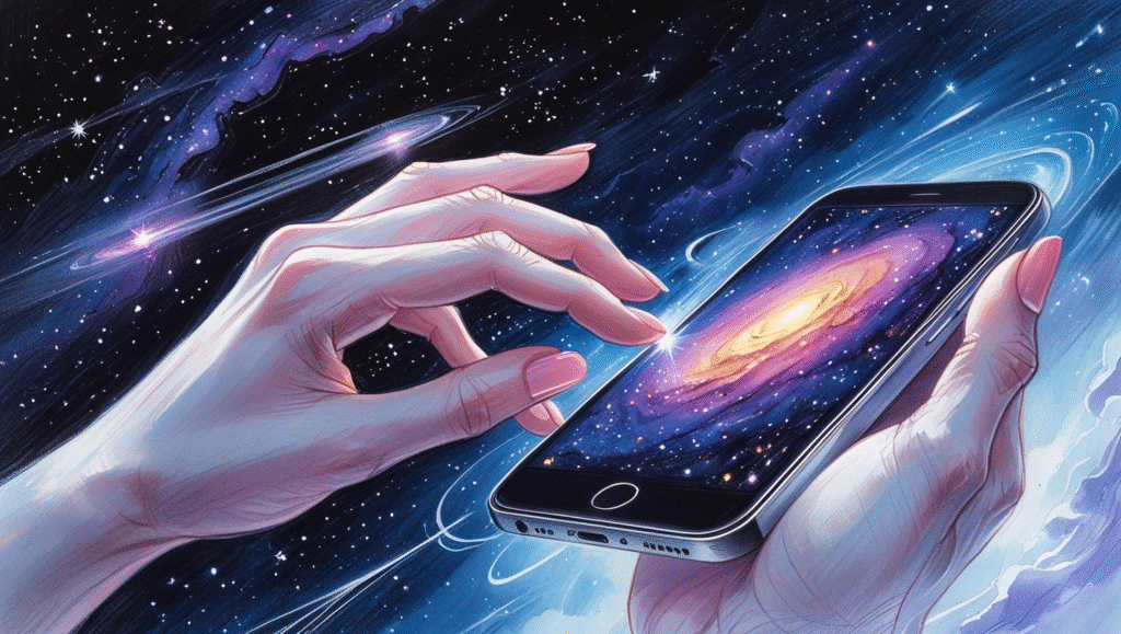 スマートフォンを通じて宇宙のエネルギーと繋がる神秘的なイメージ。女性の手が、画面に銀河が映し出されたスマホに触れると、光の波紋が広がっている様子。