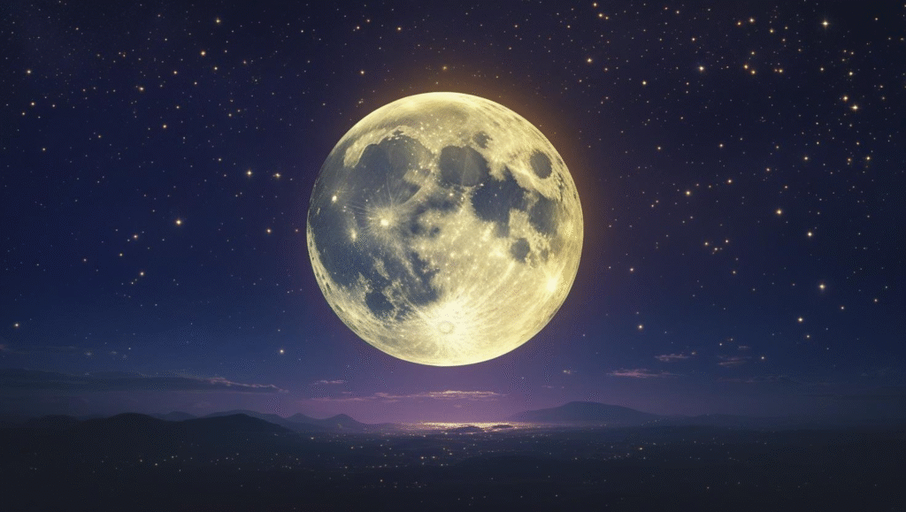 満天の星が輝く夜空に、大きく明るい満月が浮かび、スピリチュアルな光を放っている様子。