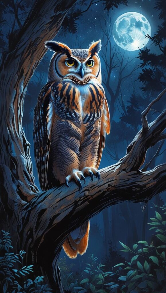 仕事運と知性を高めるフクロウの待ち受け画像。夜の森の枝に静かにとまり、すべてを見通すような鋭い眼差しを向けている、賢者のようなフクロウのイメージ。
