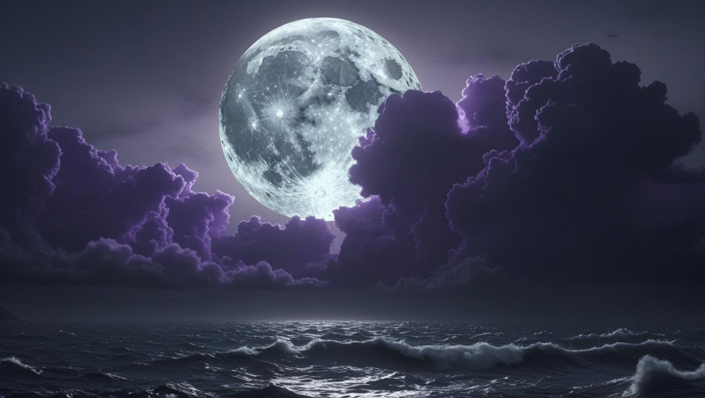 嵐の夜、満月の光の下で荒々しく波立つ海の様子。