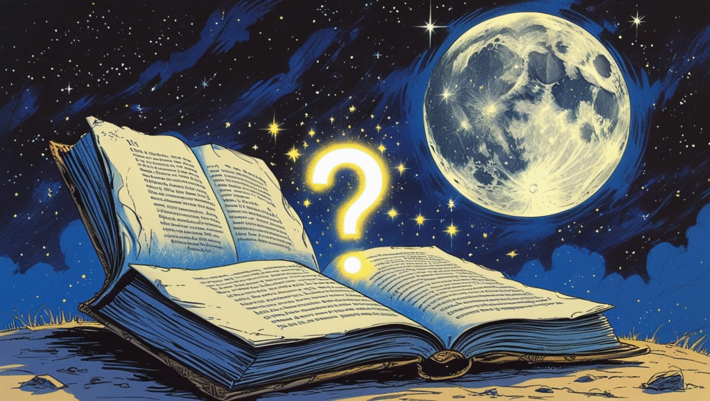 満月の下で開かれた魔法の書物から、疑問符が光となって浮かび上がる様子。