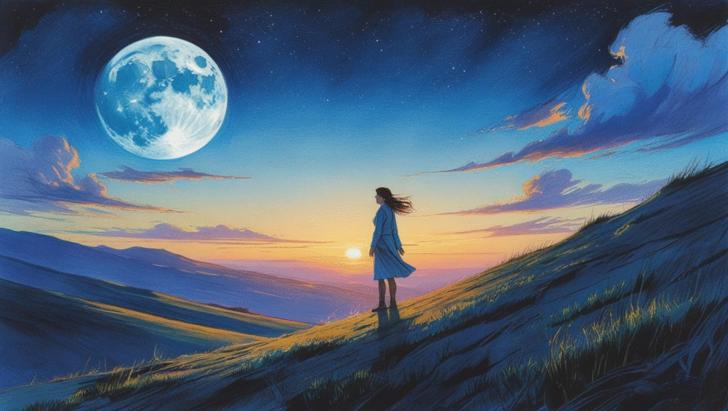 満月が残る夜明けの空の下、朝日を浴びて希望に満ちた表情で立つ女性の様子。