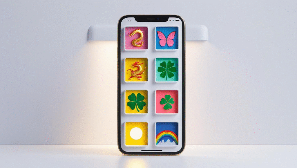 幸運を引き寄せる様々な待ち受け画像が選べることを示すイメージ。スマートフォンの画面がギャラリーのように分割され、龍、蝶、四つ葉のクローバーなど、願い事別の幸運のシンボルが表示されている。