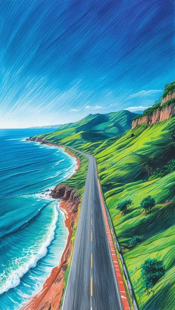仕事運が上がる、まっすぐに伸びる道の待ち受け画像。静かな森の中を、朝日が昇る地平線に向かってまっすぐに道が伸びている、希望に満ちたイメージ。