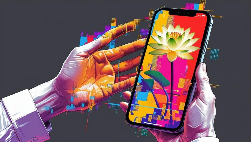 運気を下げるNGな待ち受けを象徴するイメージ。スマホの画面に表示された美しい蓮の花の画像に、ノイズやズレが生じて乱れているグリッチアート。