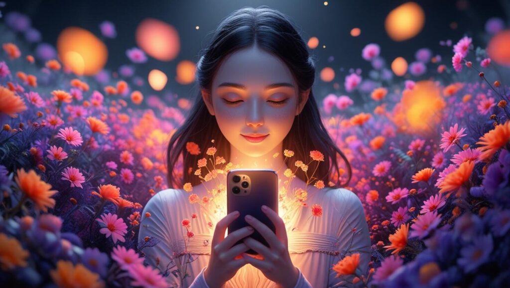 スマホの待ち受け画面から幸運が現実になる様子を象徴するイメージ。スマホから放たれた光が、モノクロの世界を美しい花畑に変えている、希望に満ちたイラスト。