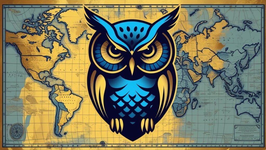 世界中で幸運のシンボルとされるフクロウのイラスト。アンティークな世界地図を背景に、金色に輝くフクロウのシンボルが描かれている。