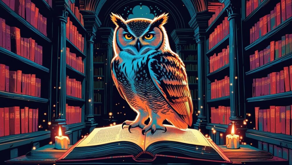 フクロウが縁起物とされる理由を象徴する画像。古い書物の上に賢そうなフクロウが止まっており、神話や言い伝えに由来する知恵とスピリチュアルな意味を表している。