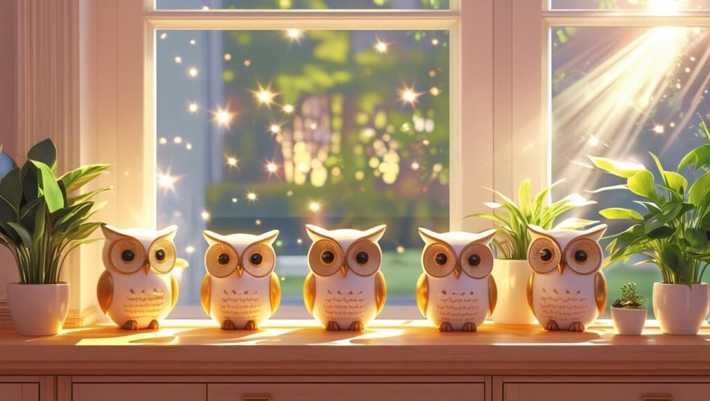幸運を呼ぶフクロウの置物の活用術を示す画像。おしゃれな部屋の棚に、様々な素材で作られた縁起物のフクロウたちがインテリアとして飾られている。