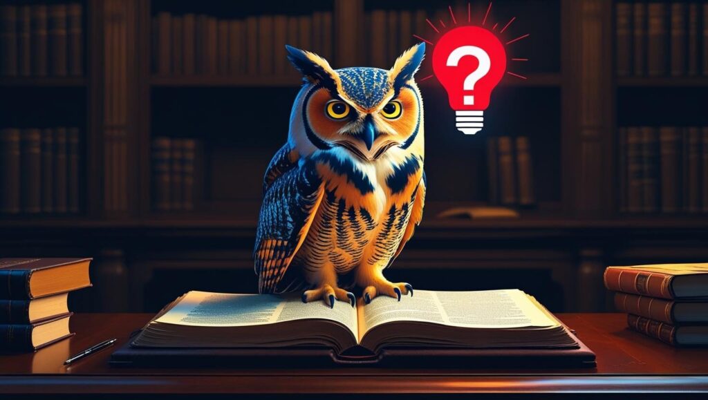 フクロウに関するQ&Aセクションの画像。賢いフクロウが古い辞書やインク壺のそばに止まっており、知識や疑問の解決を象徴している。