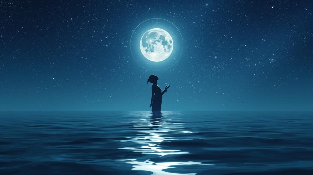 月暈(つきがさ)が輝く神秘的な夜空の下で、静かに願い事をし、幸運を引き寄せようとしている人物の画像。