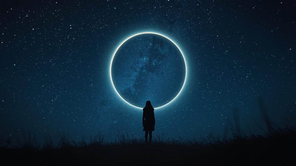 夜空に輝く大きな月暈(つきがさ)を、丘の上から一人の人物が見上げている。幸運のサインを静かに受け取っているスピリチュアルな情景。