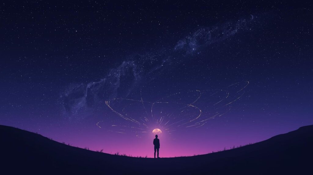 `紫色のグラデーションが美しい夜空を見上げる人のシルエット。輝く水星が浮かんでおり、水星逆行の期間が自分を見つめ直すスピリチュアルな機会であることを象徴するアイキャッチ画像。`

