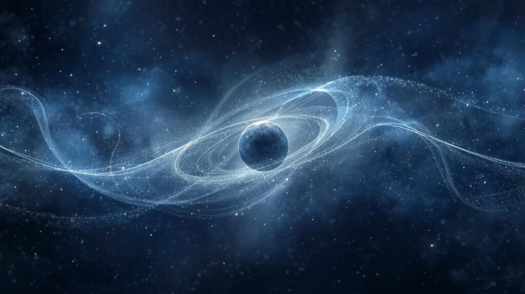 深い宇宙空間に浮かぶ輝く水星と、その周りをUターンするように描かれた光の軌跡。水星逆行という天体現象とそのスピリチュアルな意味を象徴的に表現したイラスト。
