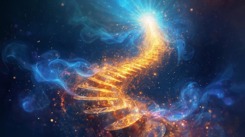 夜明けの光が差す美しい宇宙を背景に、輝く道を前にして立つ人物のシルエット。水星逆行の期間を乗り越え、得られた教訓を活かして希望に満ちた未来へ進むことを象徴するまとめの画像。