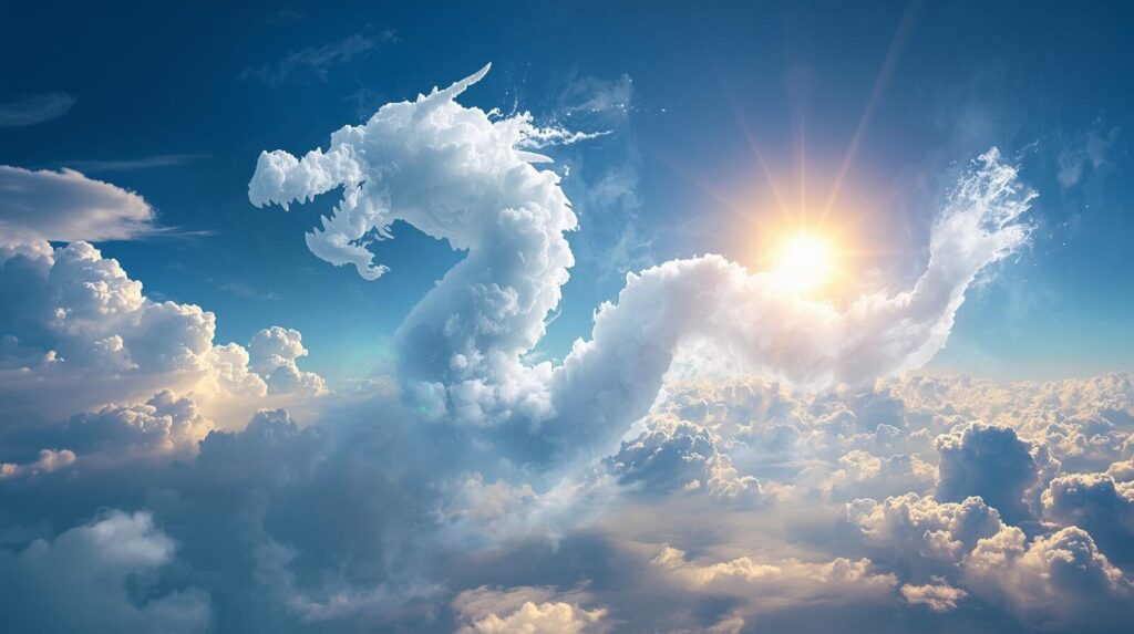 幸運の兆しとされる、龍の形をした雲(龍雲)と虹色に輝く雲(彩雲)が同時に現れた、神秘的な空の風景。