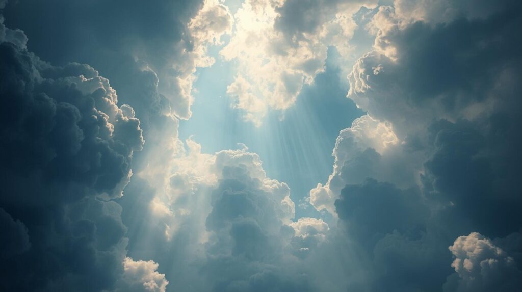 天空から光が差し込み、龍雲と彩雲が浮かび上がる神秘的な光景。スピリチュアルなメッセージの訪れを象徴している。