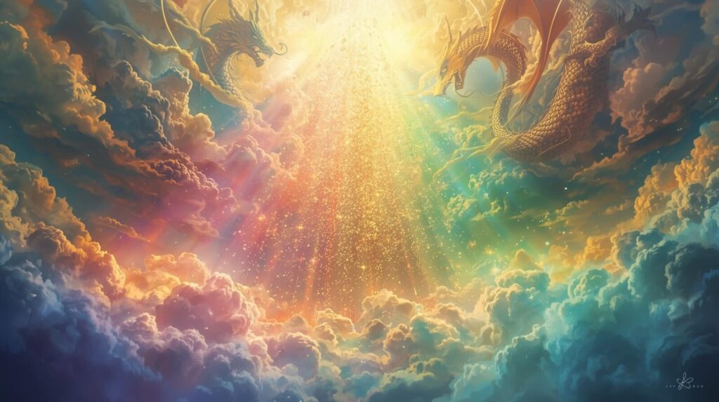 龍雲と彩雲から、金運・恋愛運・健康運を象徴する色とりどりの光が降り注ぐスピリチュアルな光景。様々なご利益がもたらされることをイメージさせる。