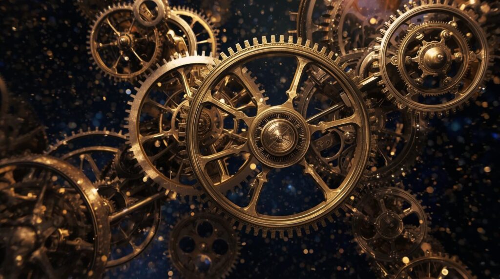 運命の歯車が噛み合う様子を描いた画像。宇宙空間に浮かぶ複雑な歯車の中心に時計があり、シンクロニシティにおける時間と因果の繋がりを示している。