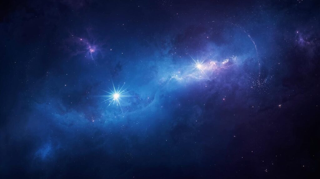 宇宙に浮かぶ二つの光点が、目に見えない光の繊維で結びついている抽象的なアート。シンクロニシティにおける見えない因果関係を表現している。