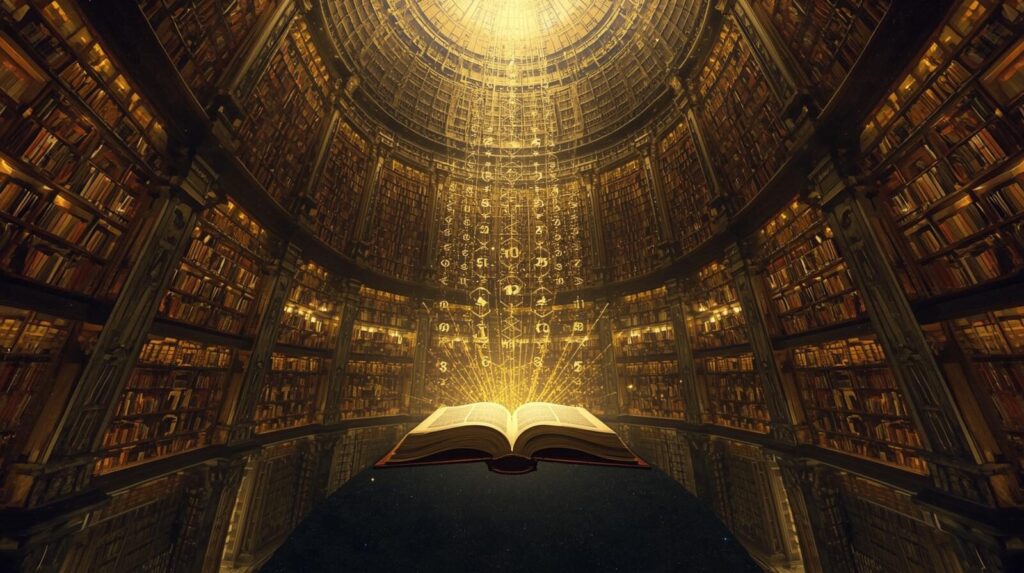 宇宙に浮かぶ巨大な図書館の画像。開かれた本からエンジェルナンバーなどのサインが光となって放たれており、アカシックレコードというスピリチュアルな概念を象徴している。