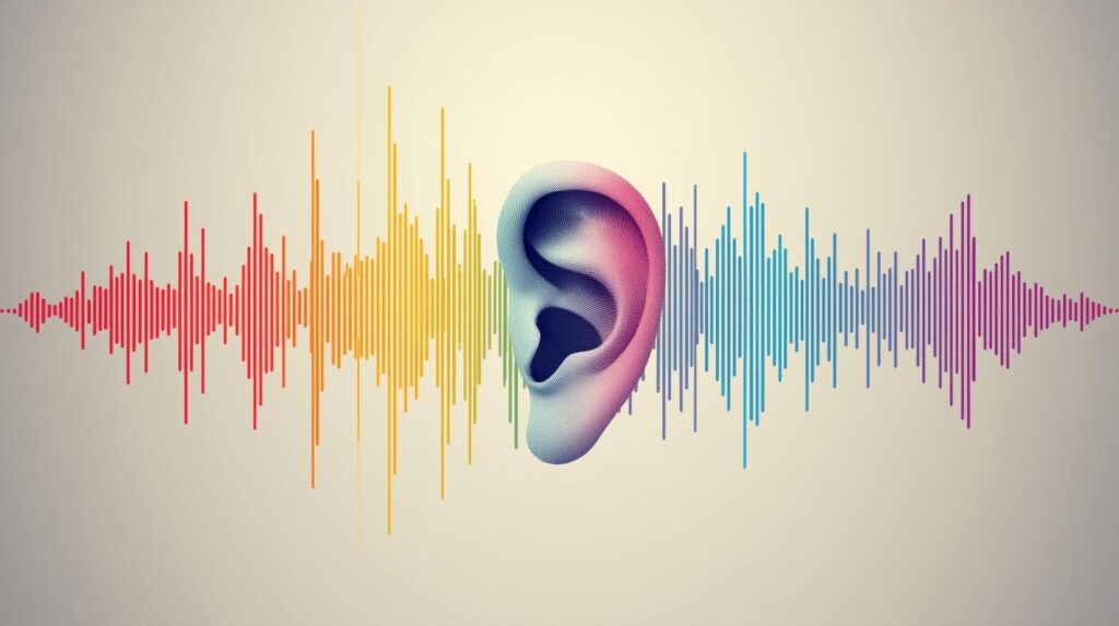 耳鳴りの音の種類によるメッセージの違いを表現した抽象アート。耳のシンボルから、高音や低音をイメージした様々な色や形の音波が広がっている。