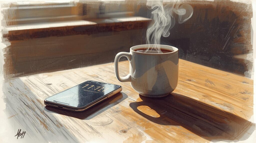 カフェのテーブルに置かれたスマートフォンの画面に、エンジェルナンバーである「11:11」が明るく表示されている。コーヒーカップの傍らで、日常に訪れる幸運のサインを暗示しているアイキャッチ画像。