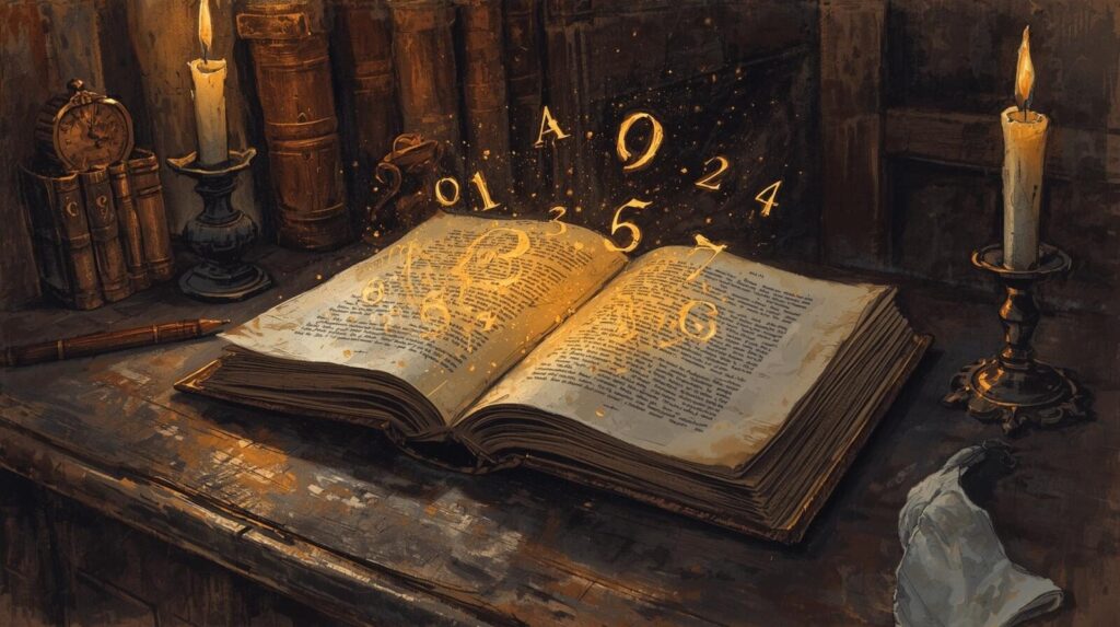 開かれた古い魔法書の上に、0から9までの基本的な数字が金色に輝いて浮かんでいる。これからエンジェルナンバーの各数字が持つ基本的な意味を読み解いていくことを象気徴する画像。