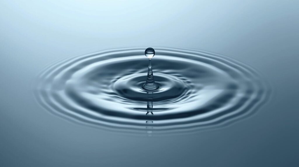 静かな水面に雫が落ちて光る波紋が広がっている。一つの肯定的な言葉(アファメーション)が潜在意識に広がり、現実世界に影響を与える仕組みを象徴する。