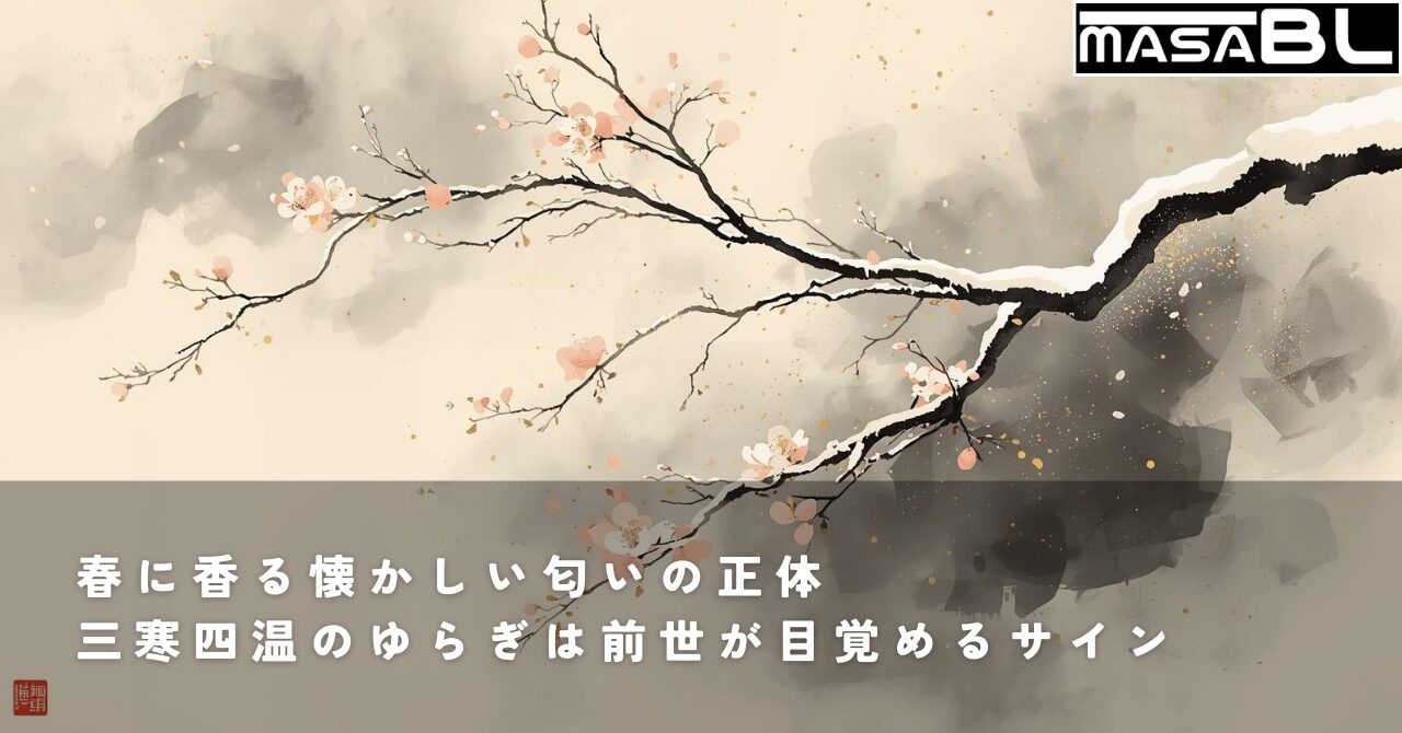 三寒四温の季節の変わり目を描いた墨絵風イラスト。冬の雪解けと春の芽吹き、懐かしい香りを運ぶ風が、前世の記憶とスピリチュアルな目覚めを表現している。