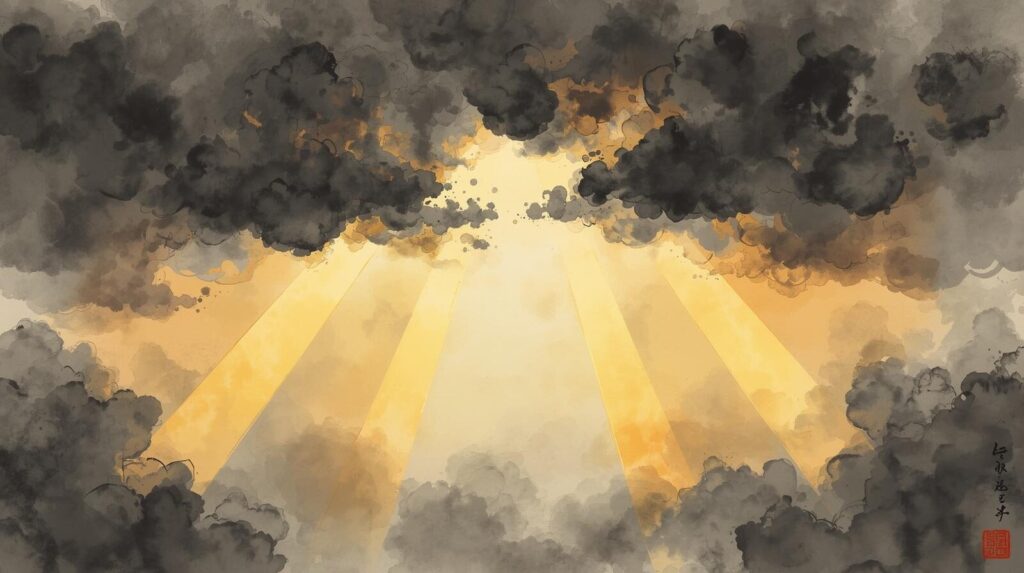 墨絵で描かれた暗雲を切り裂く日の出と4本の光の柱。エンジェルナンバー1111が意味する「苦しみからの解放」と「願望成就」を表現した背景画像。
