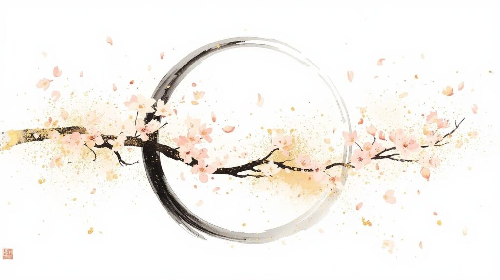 墨絵の円相にピンクの花びらと金粉が舞うイラスト。エンジェルナンバー1111がもたらす恋愛運の良縁と金運の上昇を表現したイメージ。
