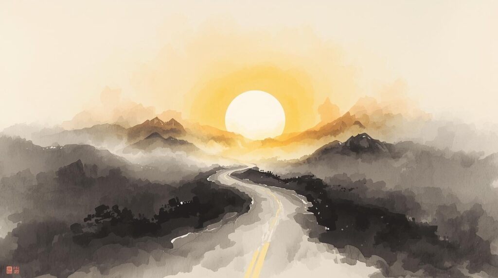 墨絵で描かれた光へと続く希望の道。エンジェルナンバー1111が示す明るい未来と新しいスタートへの一歩を表現したイメージ。
