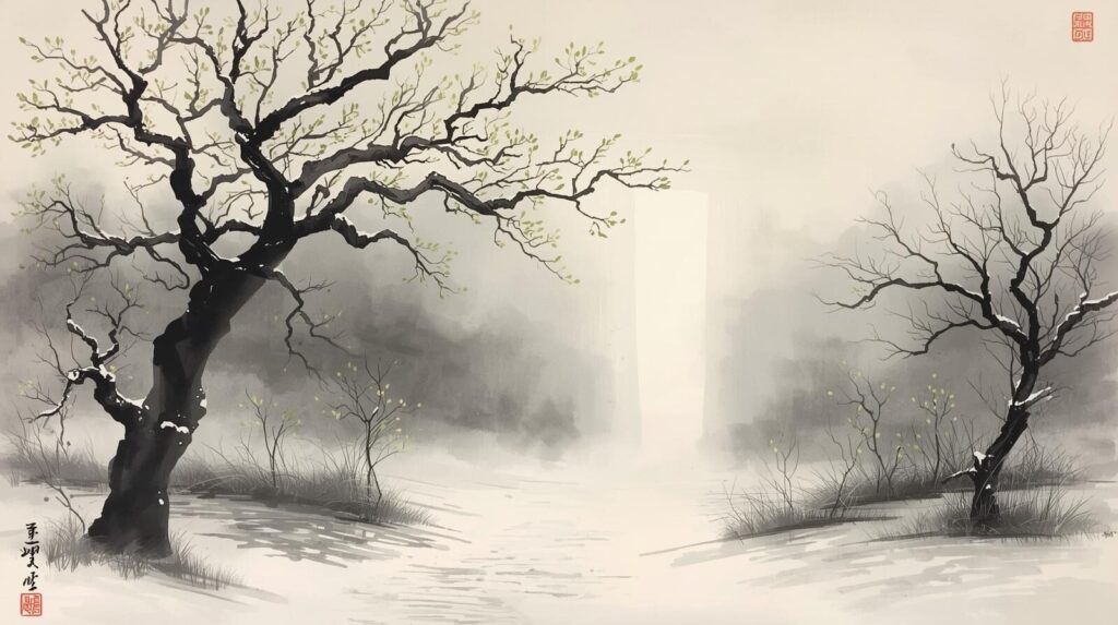 冬の枯れ木と春の芽吹きが混在する風景。霧がかかったような幻想的な雰囲気の中に、光の道（ゲート）がぼんやりと開いている様子