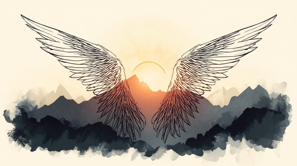 朝日が昇る山々を背景に、ふわりと舞う天使の羽を柔らかい墨のタッチで描いた優美なイラスト