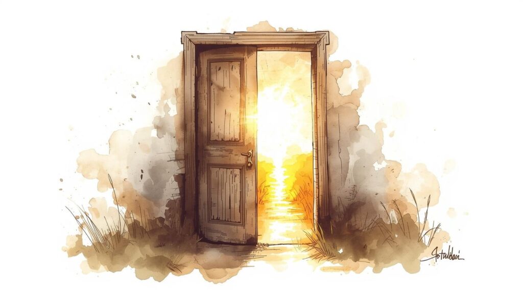 古い扉が開き、その先に新しい光の道が続いている様子を描いた、静かで希望に満ちた墨絵風景