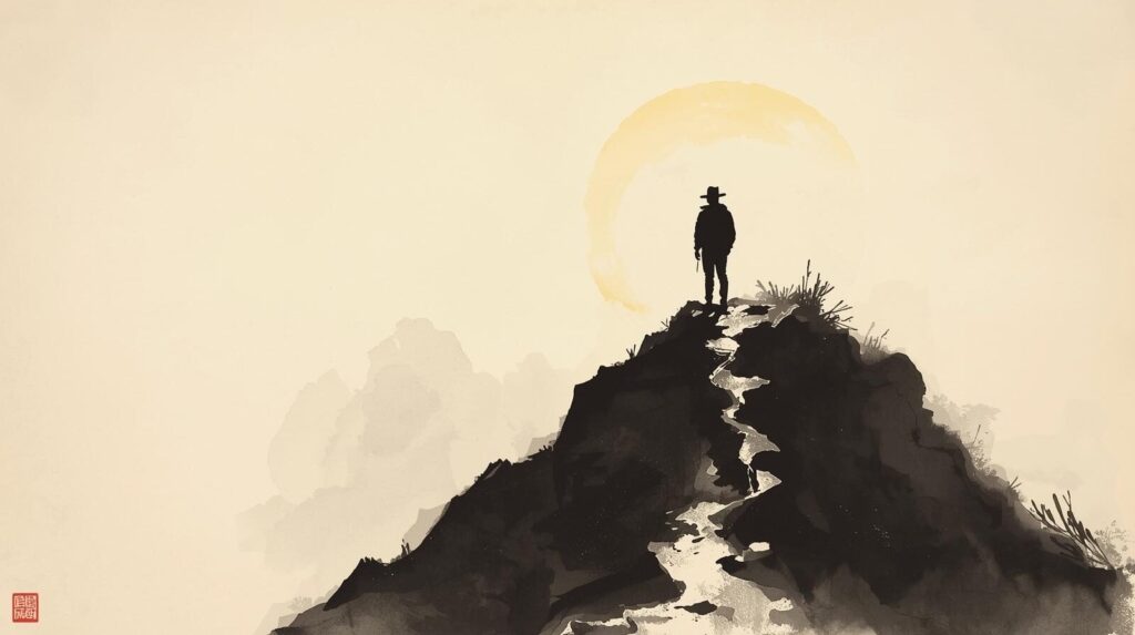 険しい山道を登りきり、頂上で朝日を浴びる人物のシルエット。自力で環境を切り開いた達成感と静けさを表現