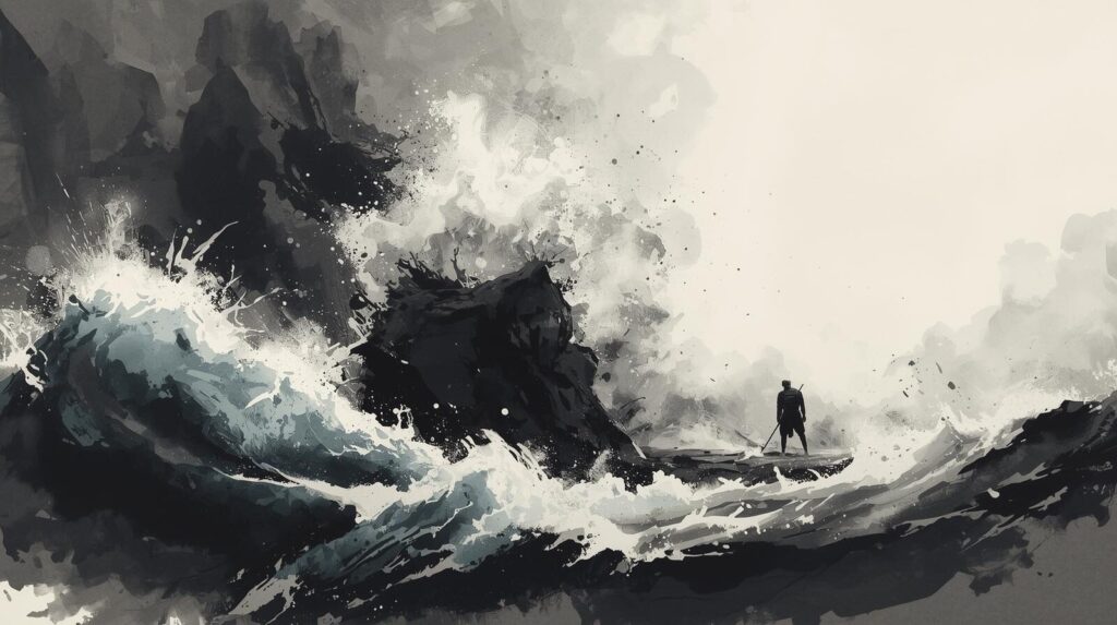 荒れ狂う波と、それに耐えながら静かに立つ岩。圧倒的なネガティブエネルギーとそれに直面する人間の様子を墨の濃淡で表現
