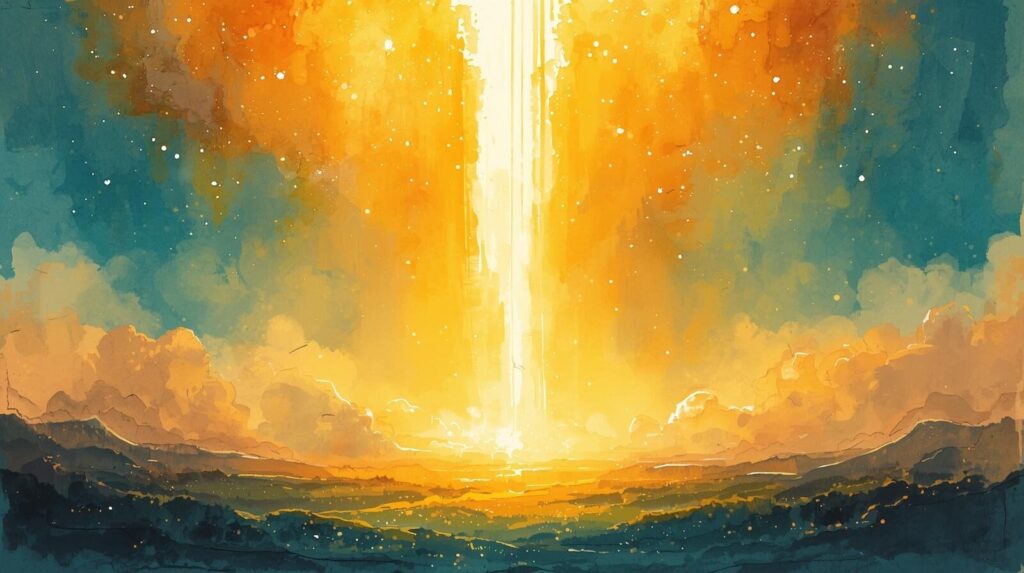 天から降り注ぐ光の柱をモチーフにした、希望を感じさせる明るいタッチの墨絵イラスト
