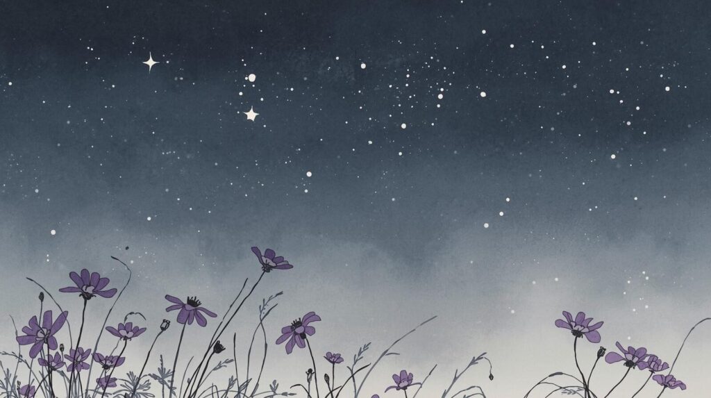 穏やかな夜空に輝く星々と、風にそよぐ紫色の花を描いた落ち着いた墨絵イラスト