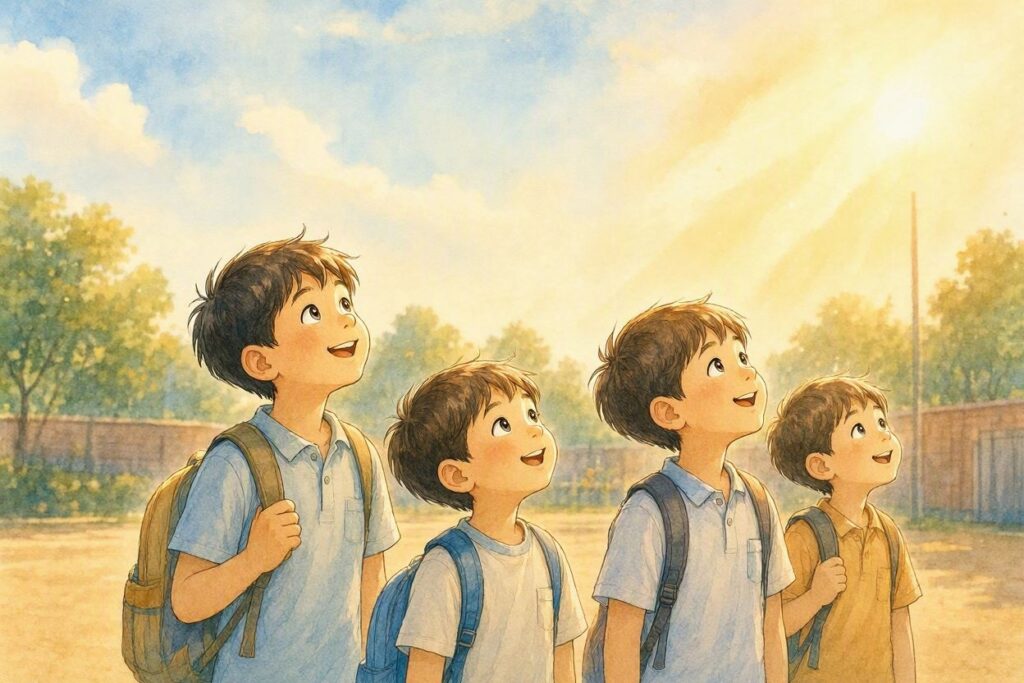 空を見上げながら温かい光と安心感を受け取っている小学生男児数人のイラスト