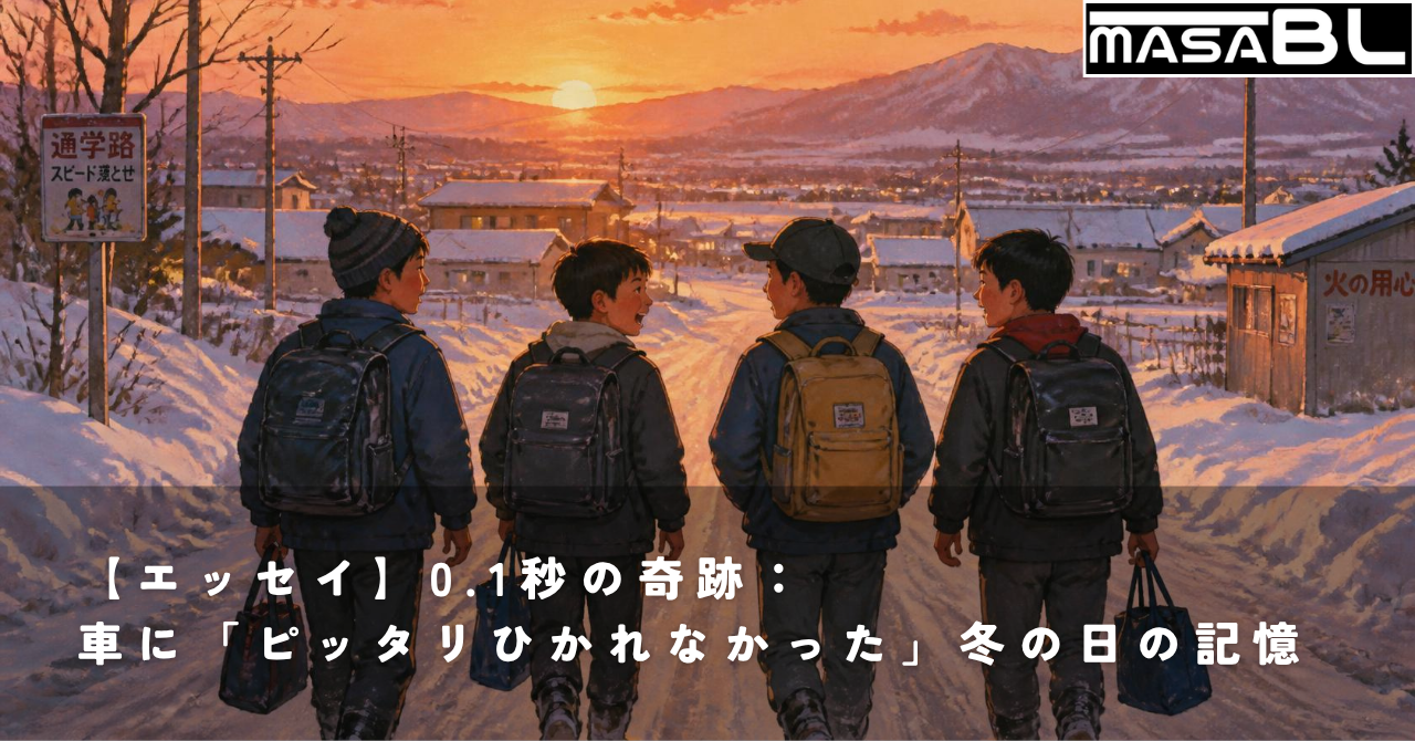 北海道の雪景色の中、温かい夕暮れの光に包まれながら友達と歩く帰り道のノスタルジックなイラスト