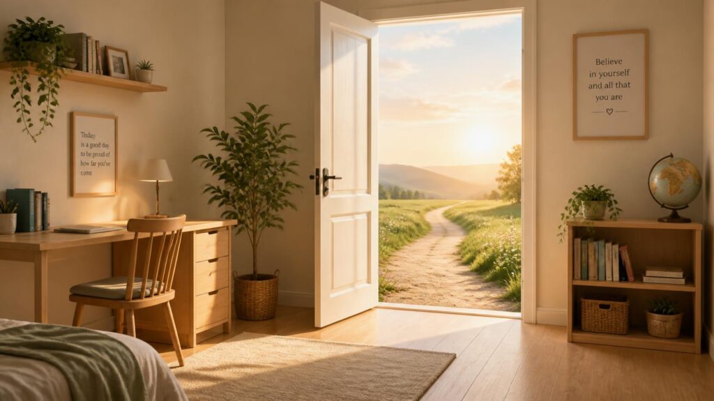 すっきり整った静かな部屋で、太陽の光が優しく差し込み、穏やかで幸福感あふれる未来への道が開けているイメージ